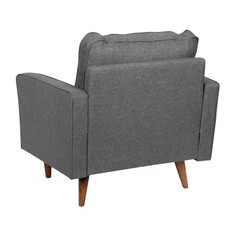 Poltrona compatta Mid-Century Modern, rivestimento in finto lino trapuntato, gambe in legno massello, 227 kg