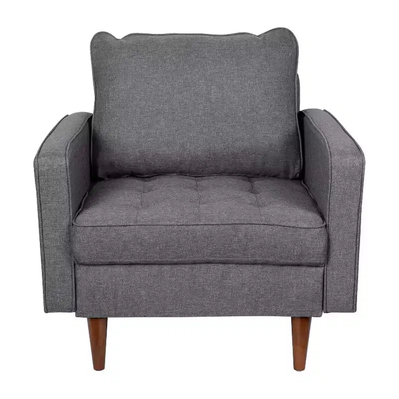 Poltrona compatta Mid-Century Modern, rivestimento in finto lino trapuntato, gambe in legno massello, 227 kg