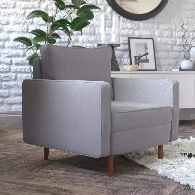 Poltrona compatta Mid-Century Modern, rivestimento in finto lino trapuntato, gambe in legno massello, 227 kg