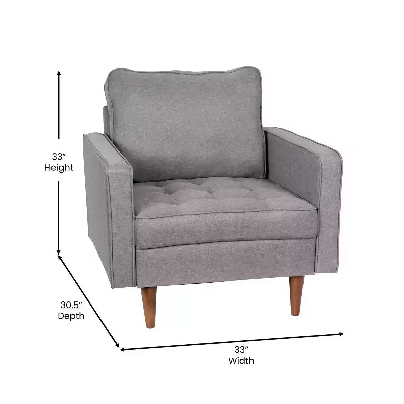 Poltrona compatta Mid-Century Modern, rivestimento in finto lino trapuntato, gambe in legno massello, 227 kg