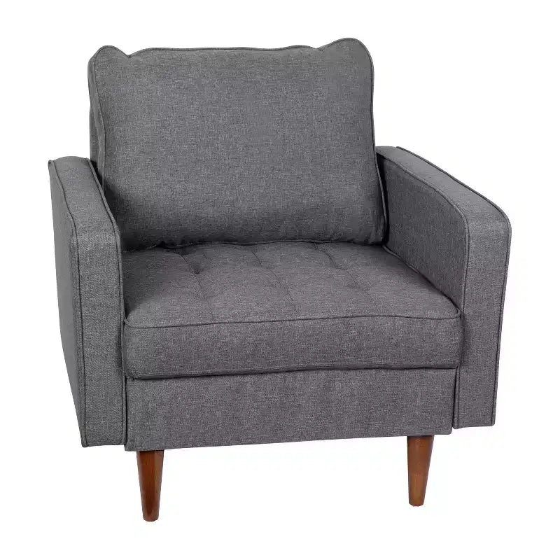 Poltrona compatta Mid-Century Modern, rivestimento in finto lino trapuntato, gambe in legno massello, 227 kg
